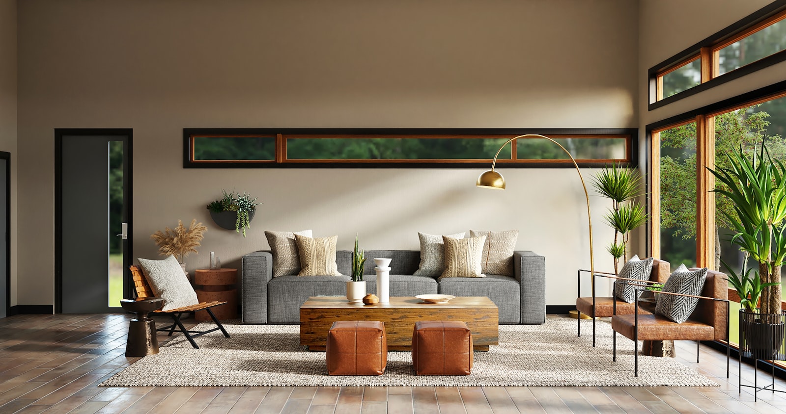 Ruang keluarga dengan sofa abu-abu dan meja kayu